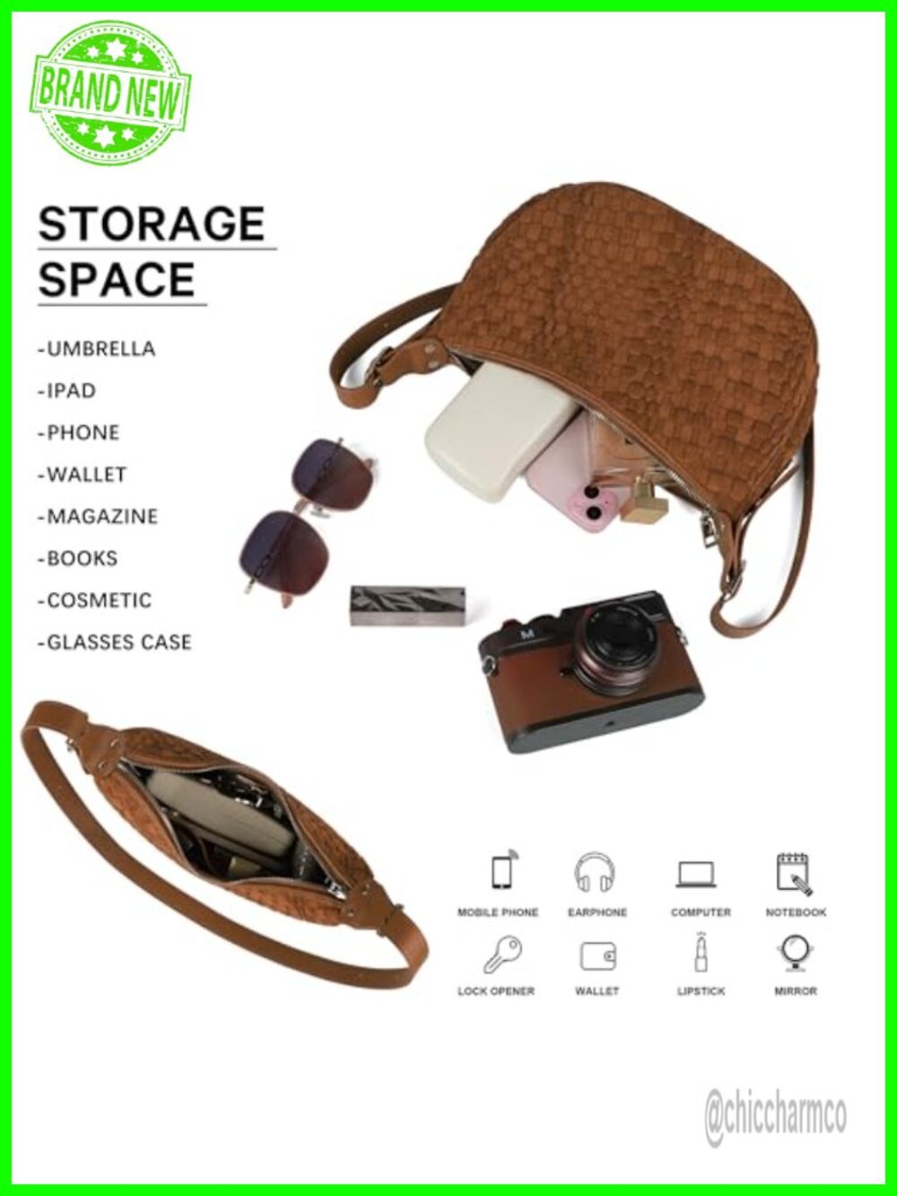 Vegan Leather Woven Crescent Crossbody Bag with Adjustable Strap - Picture 3 of 6